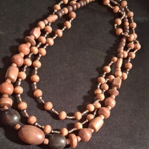 Vintage Brown Beaded Necklace 38 & 20 In Long Wooden Beaged Woth Gold Accents.